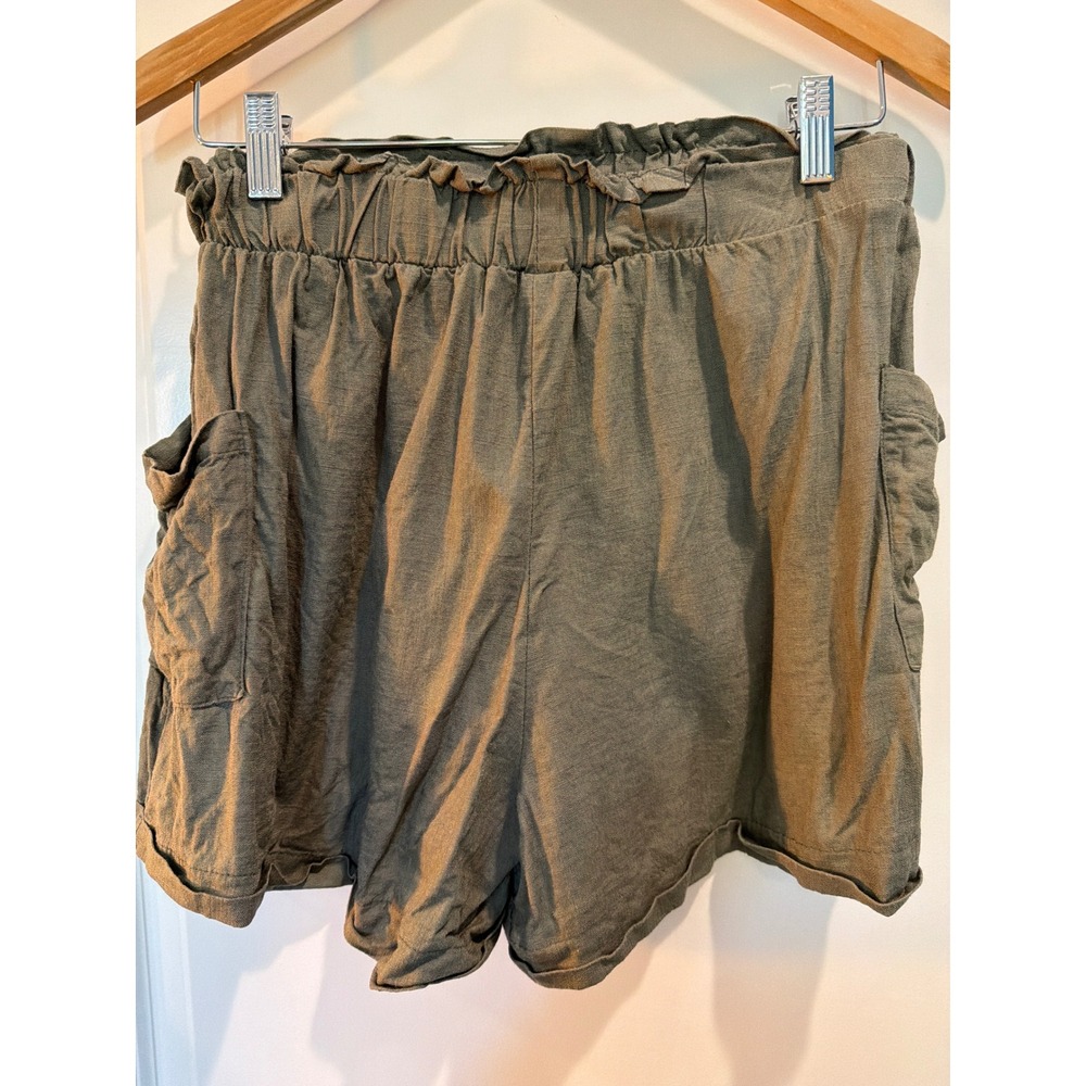 Rachel Paige Olive Green Linen Blend Paperbag Waist Cargo Shorts Large